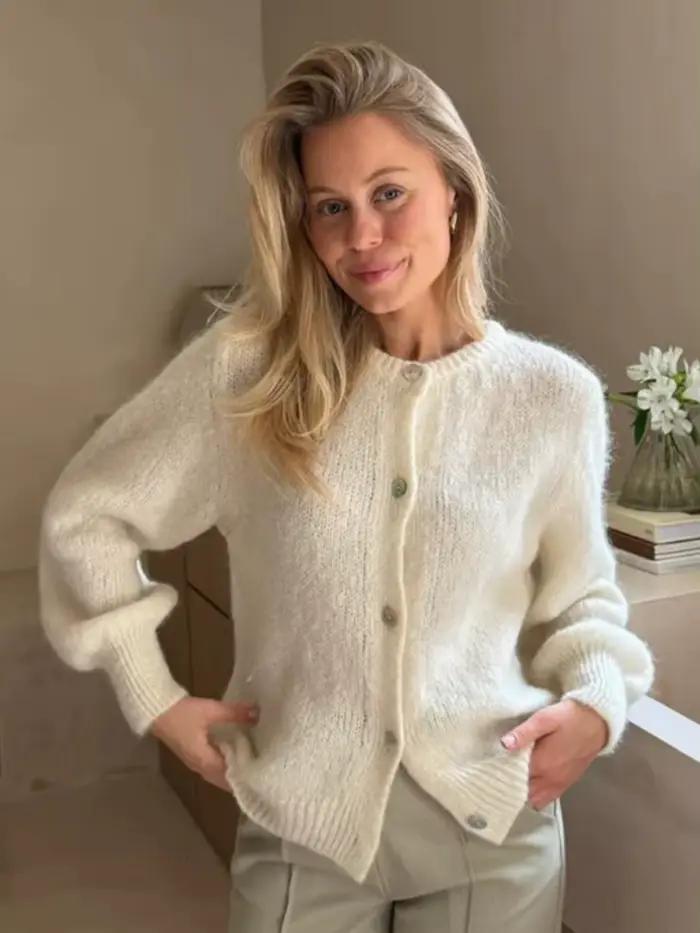 Blubelle – Cardigan tricoté à manches longues et col rond pour femme