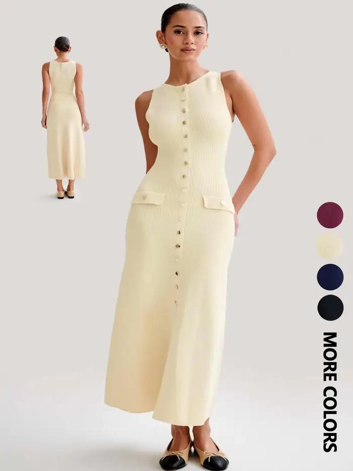 Nouvelle Robe Cardigan Tricotée Sans Manches à Boutonnage Simple avec Col Rond pour un Look Haut de Gamme et Jupe Longue pour l'Été
