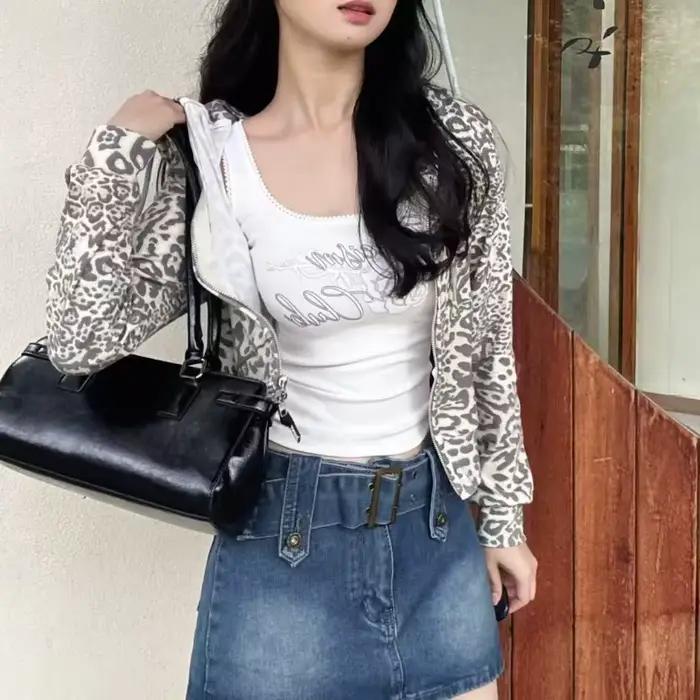 Cardigan à capuche imprimé léopard pour femme – T-shirt décontracté et tendance pour le printemps et l'automne