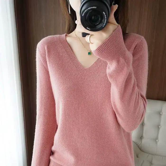 Pull en polyester laine col en V coupe ample pour femmes automne hiver bureau casual festive