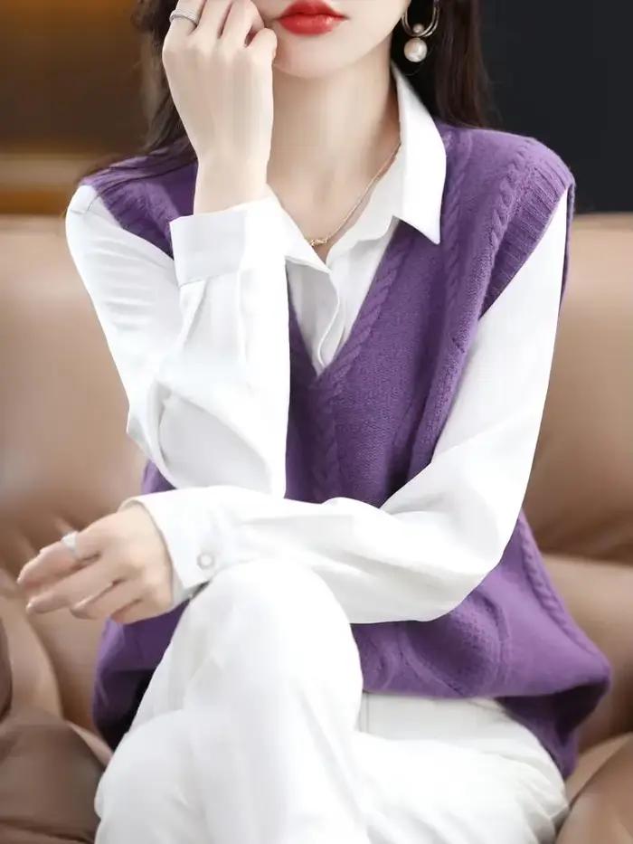 Gilet tricoté femme col en V coupe ample style bureau dame automne hiver léger et confortable pour sorties et occasions spéciales