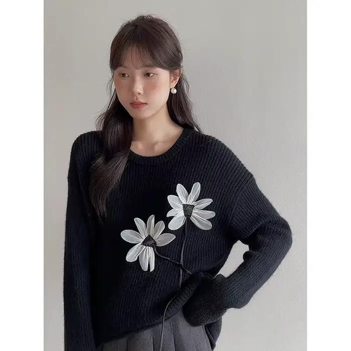 Pull rétro à fleurs tridimensionnelles pour femmes automne hiver polyester confortable occassions spéciales