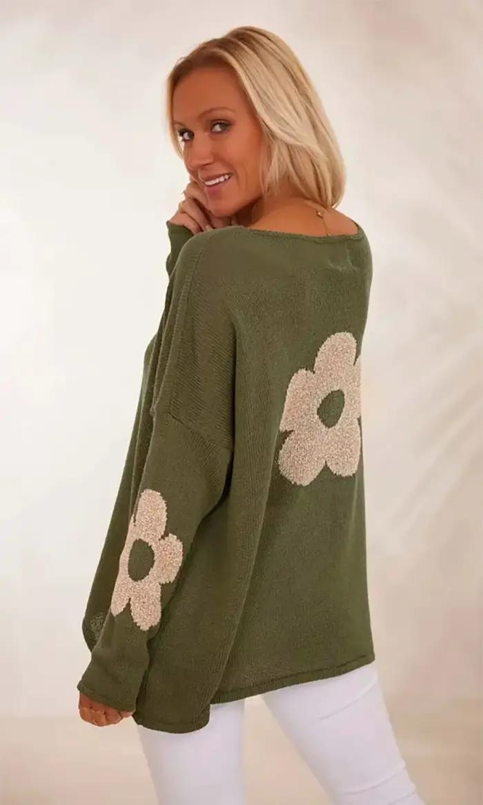 Pull à manches longues vert Olive pour femme avec embellissements floraux beiges