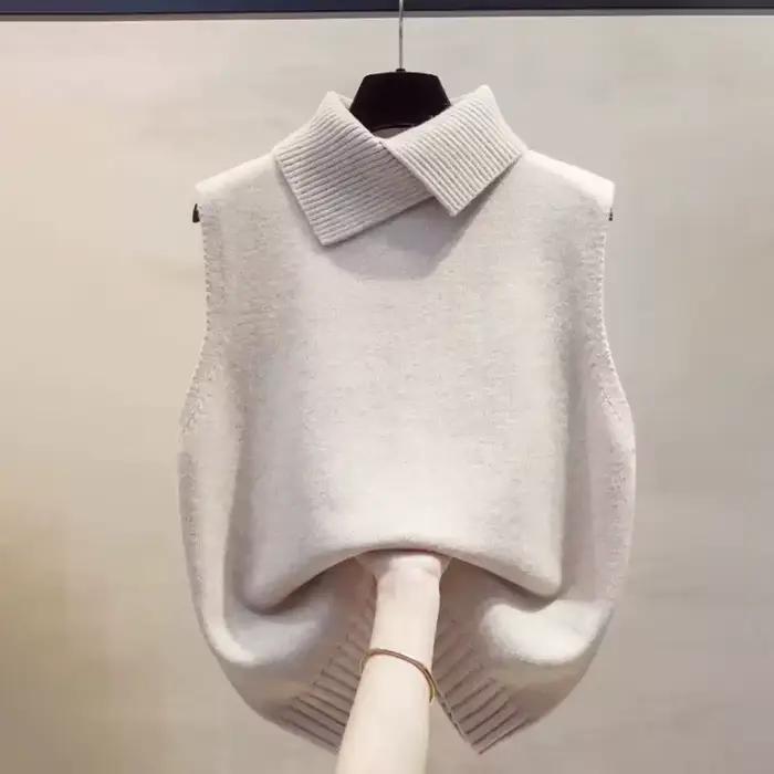 Gilet en tricot coréen uni à col rabattu sans manches pour femmes polyvalent et décontracté, automne-hiver, polyester légèrement extensible, coupe régulière, bleu ciel, gris foncé, vert armée, noir