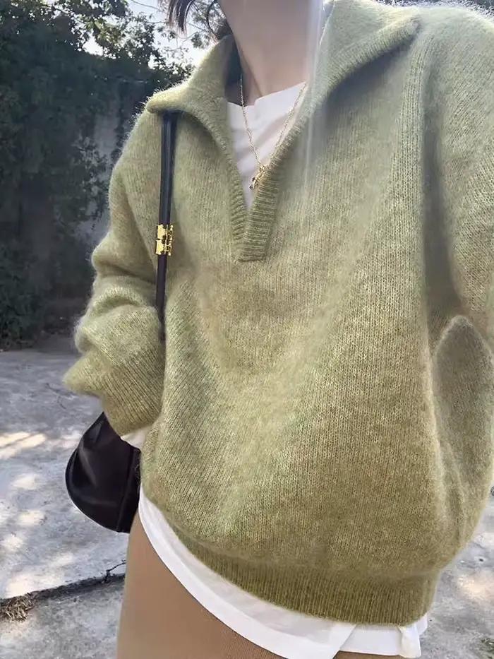 Pull à revers vert premium pour femme