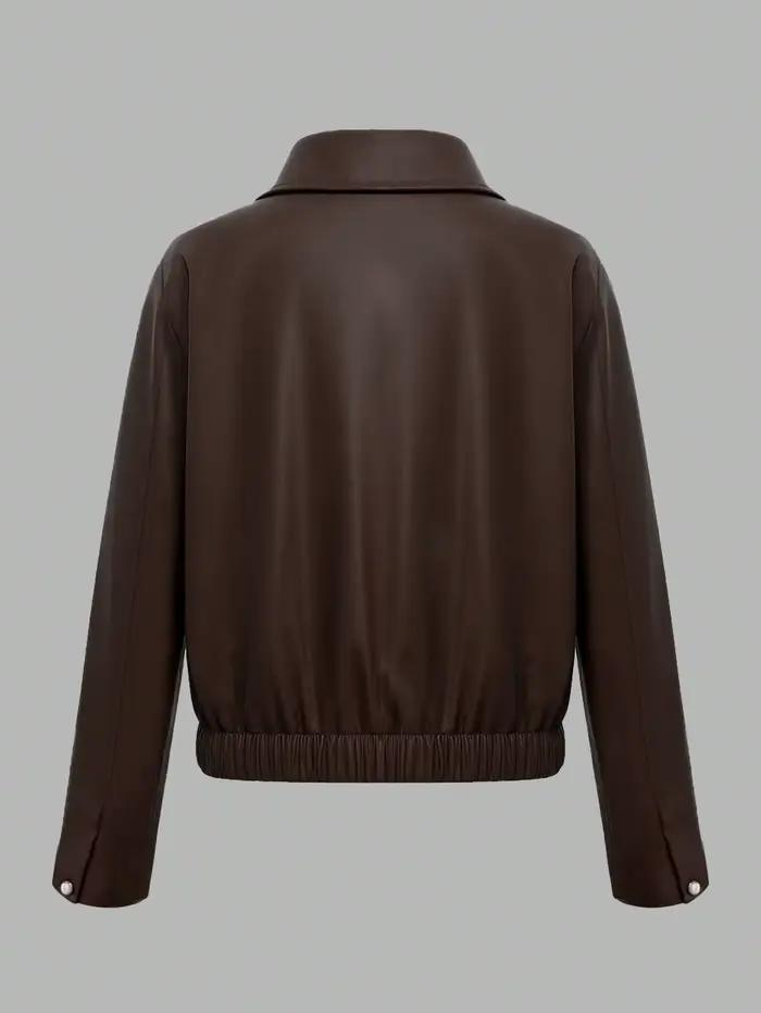 Veste en simili cuir marron chocolat ample à revers pour femmes, veste bomber courte pour le printemps et l'automne, adaptable à divers styles et occasions