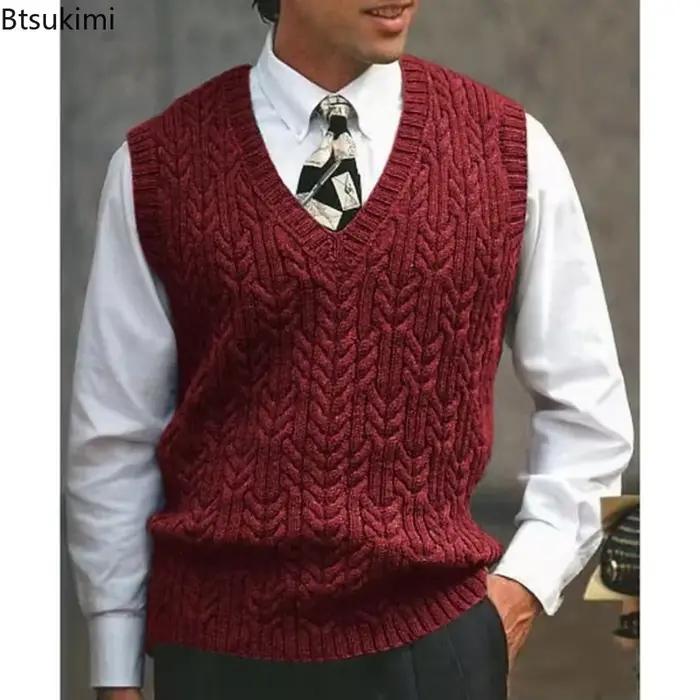 Gilet pull tricoté décontracté chaud pour homme col en V sans manches polaire automne hiver 2026 occidentalisé pour hommes style élégant et confortable occasions spéciales et quotidiennes