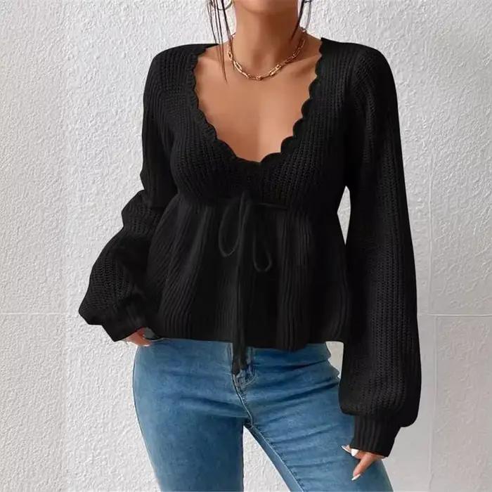 Pull-over en maille unie décontracté et sexy à col en V