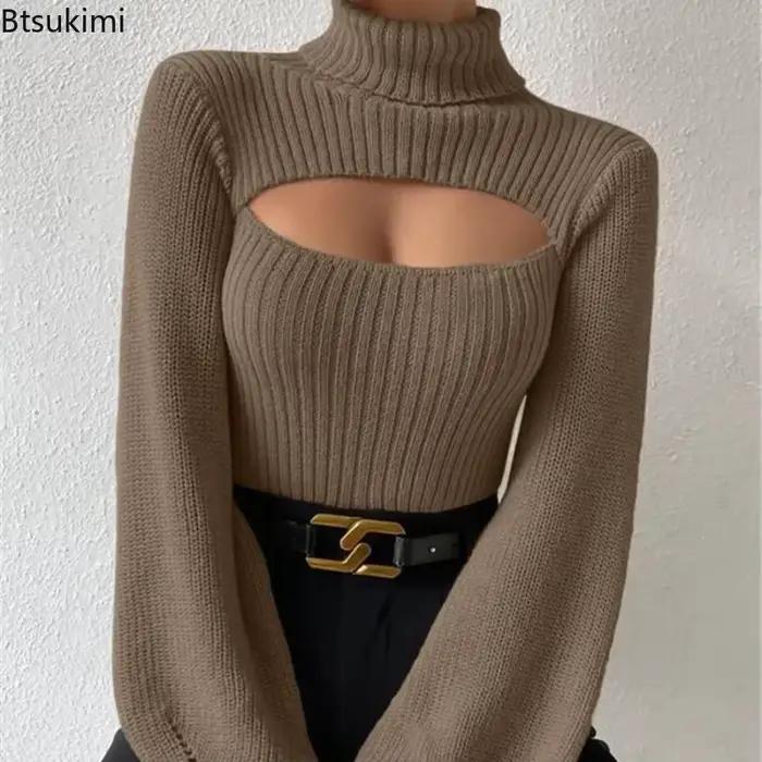 Pull en maille chic à col montant pour femmes, manches lanternes ajourées, polyester et viscose, élégant pour l'automne et l'hiver, occasions spéciales