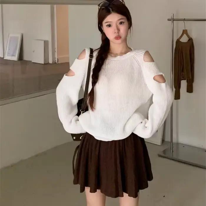 Chic Pull Tricoté Unie Pour Femmes Épaules Dénudées Mode Début D'Automne Doux Épicé Haut Manches Longues Occasions Spéciales