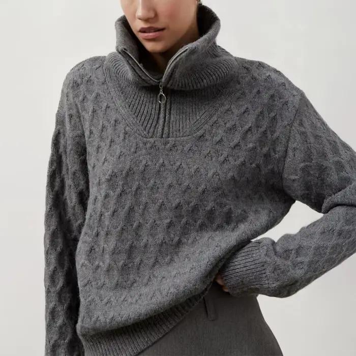 2025 automne/hiver nouveau Premium col haut demi-fermeture éclair pull femmes paresseux tricoté épais aiguille