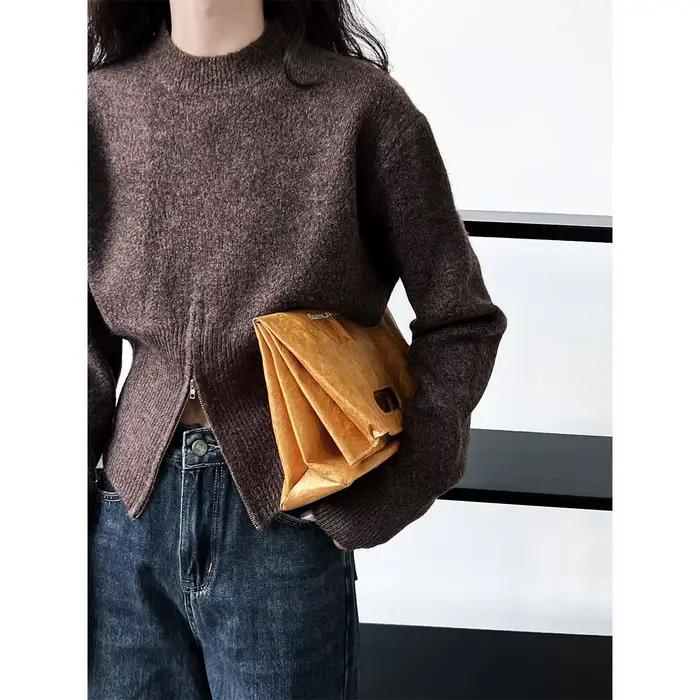 Gris 2025 automne vêtements nouveau Design sens haut fendu fermeture éclair pull court tricoté
