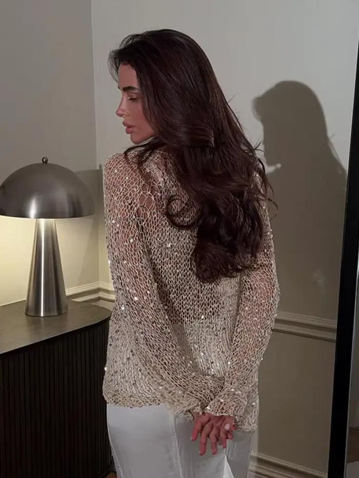 Chemisier tricoté à paillettes col rond pour femmes streetwear chic à manches longues hauts de vacances été toutes les saisons