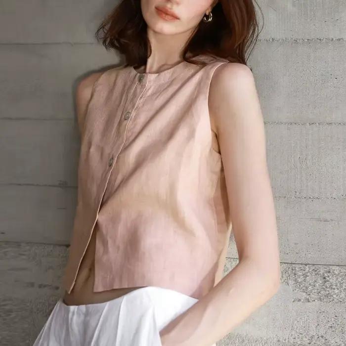 Gilet en lin premium, double face, coupe courte, style décontracté, sans manches, pour femme