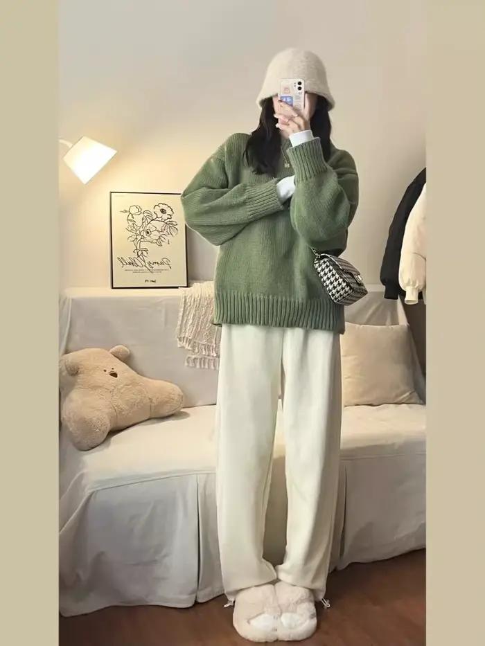 Pull vert à col rond pour femme style rétro japonais confortable automne hiver selaitailye