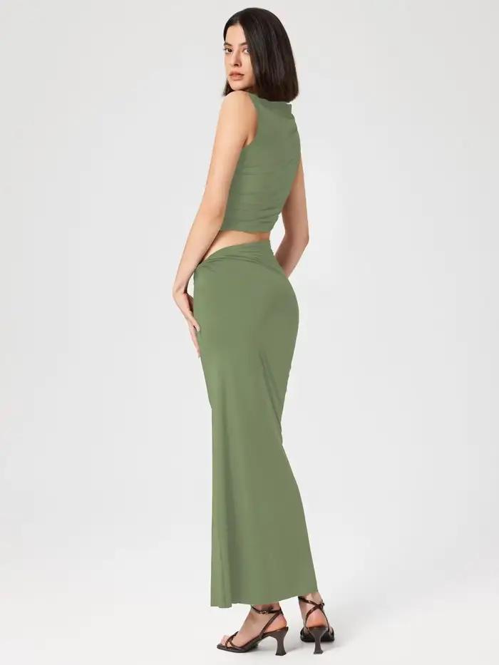 Ensemble jupe longue tricotée décontracté pour femmes couleur unie printemps été confortable à la mode occassions spéciales