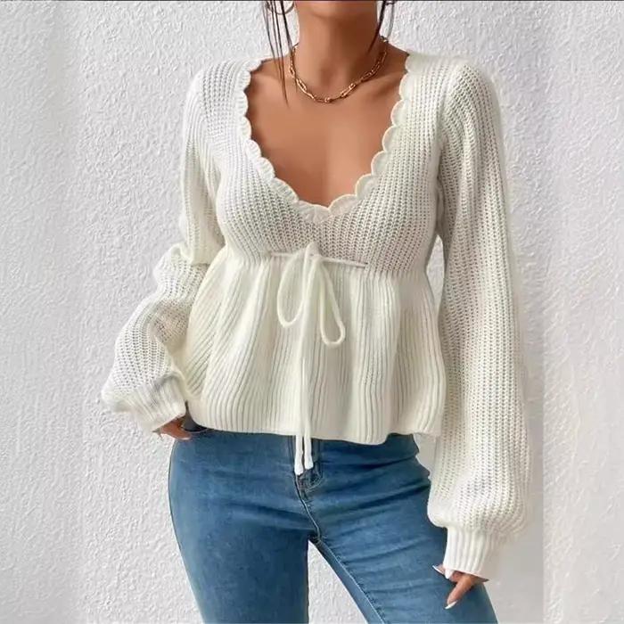 Pull-over en maille unie décontracté et sexy à col en V