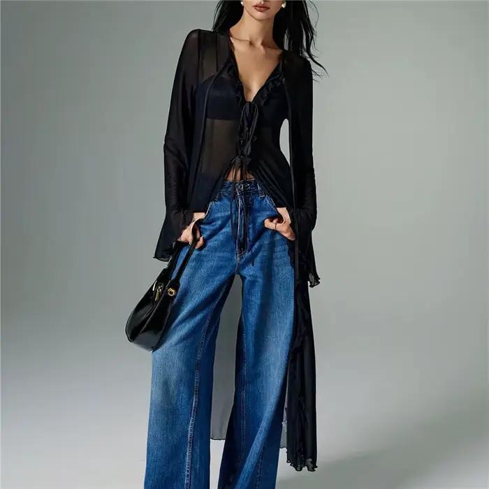 Cardigan transparent à volants pour femme