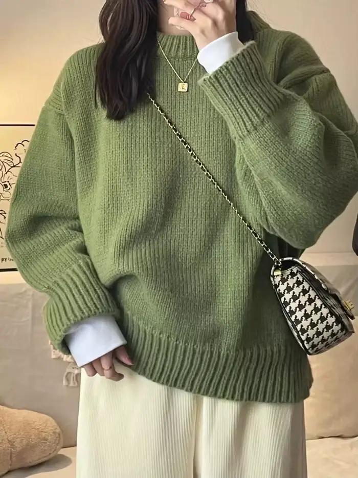 Pull vert à col rond pour femme style rétro japonais confortable automne hiver selaitailye