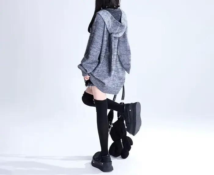 Veste pull à capuche avec oreilles de lapin gris pour femme