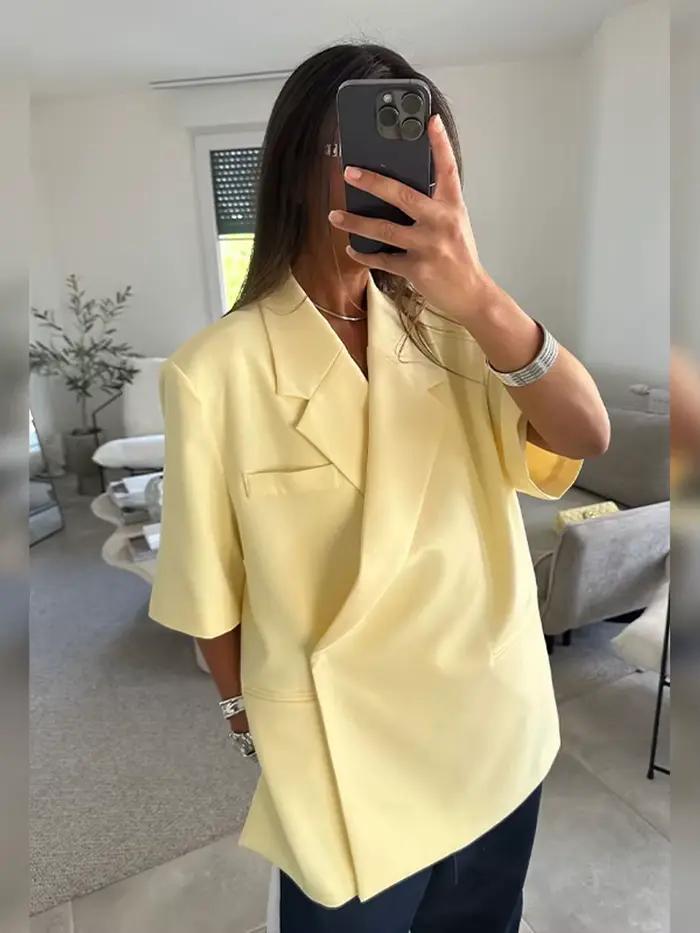 Blazer femme TBPro avec col en V polyester pour printemps et été casual streetwear style tendance dames business casual formalité
