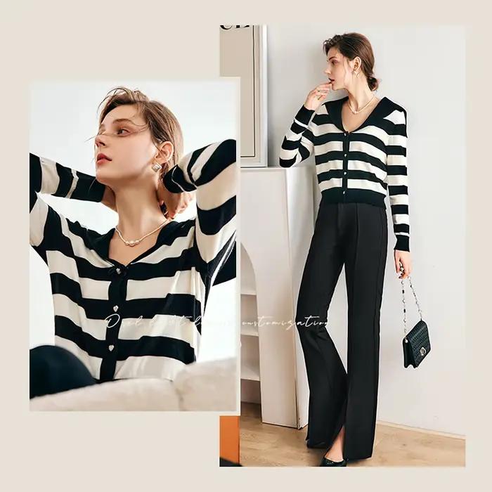 Cardigan OLrain rayé à col marin pour femme, collection automne hiver, tricot court à boutonnage simple, pull féminin polyvalent pour différentes occasions