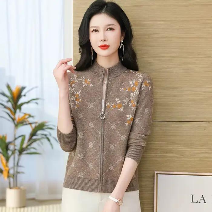 Cardigan pour femmes fermeture éclair court tricots femme vêtements nouveau imprimé Vintage dames pull veste mode mère tricot manteau