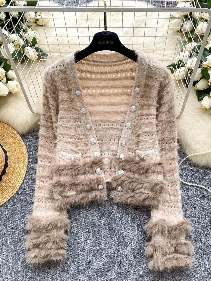 Cardigan Foamlina 2025 Automne Hiver Fourrure Polyester Blanc Elegant Solide Femmes Manches Longues Occasions Spéciales
