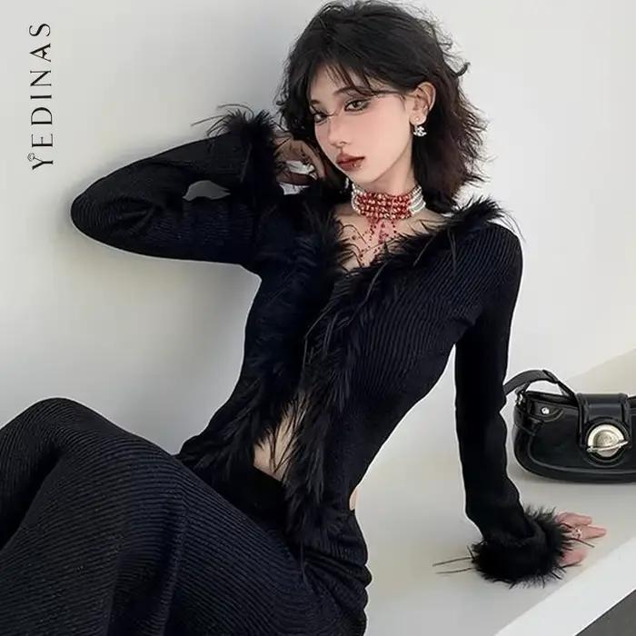 Cardigan Noir en Élasthanne et Acrylique Yedinas pour Femmes, Style Gothique Chic, Occasions Spéciales Automne Hiver Y2K