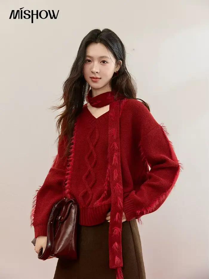 MISHOW noël tricoté pull femmes 2025 hiver bordeaux col en v hauts amples vison fourrure gland avec écharpe cravate chandails MXE93Z2809