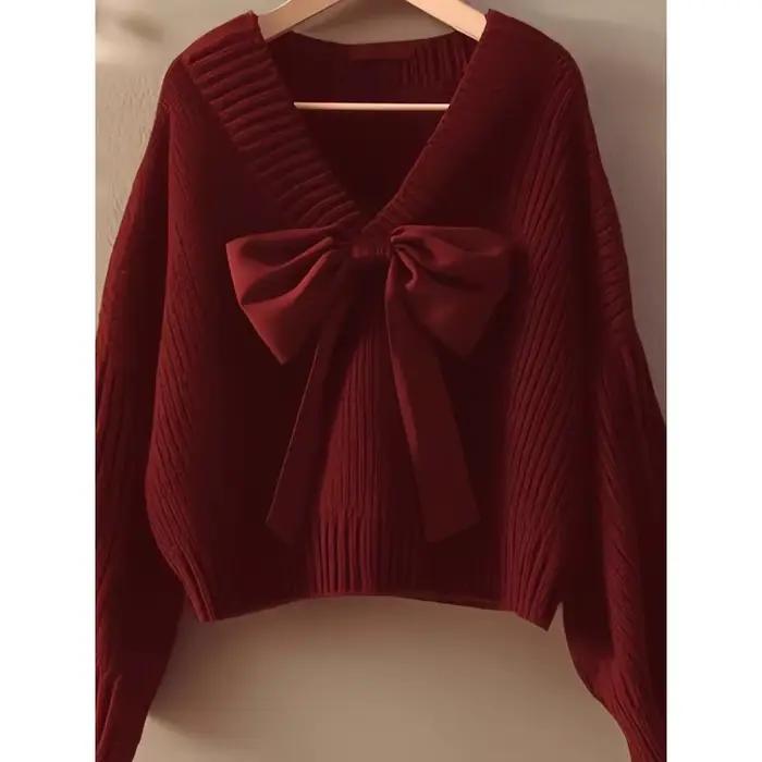 Pull tricoté à col en v et nœud pour femme