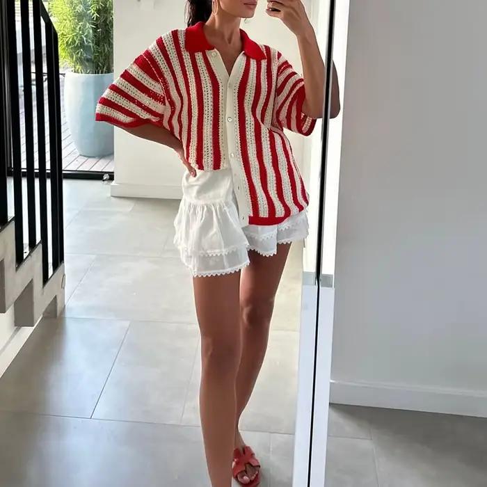 Cardigan à revers rayé pour femmes