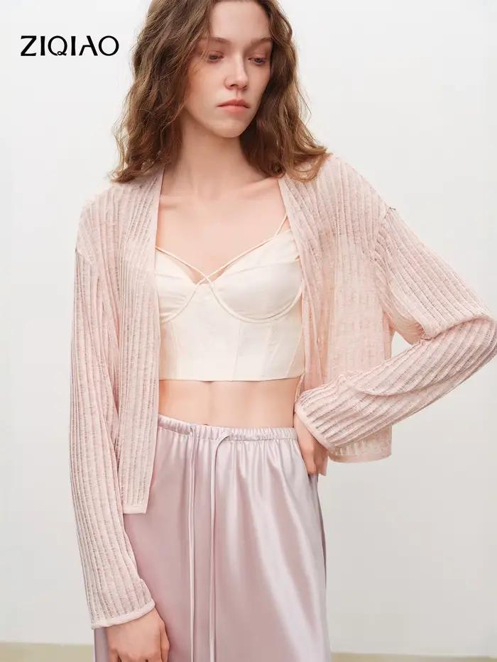 Cardigan court ajouré à col en V pour femme, en maille ajourée et polyester lin, idéal pour style coquette quotidien printemps été