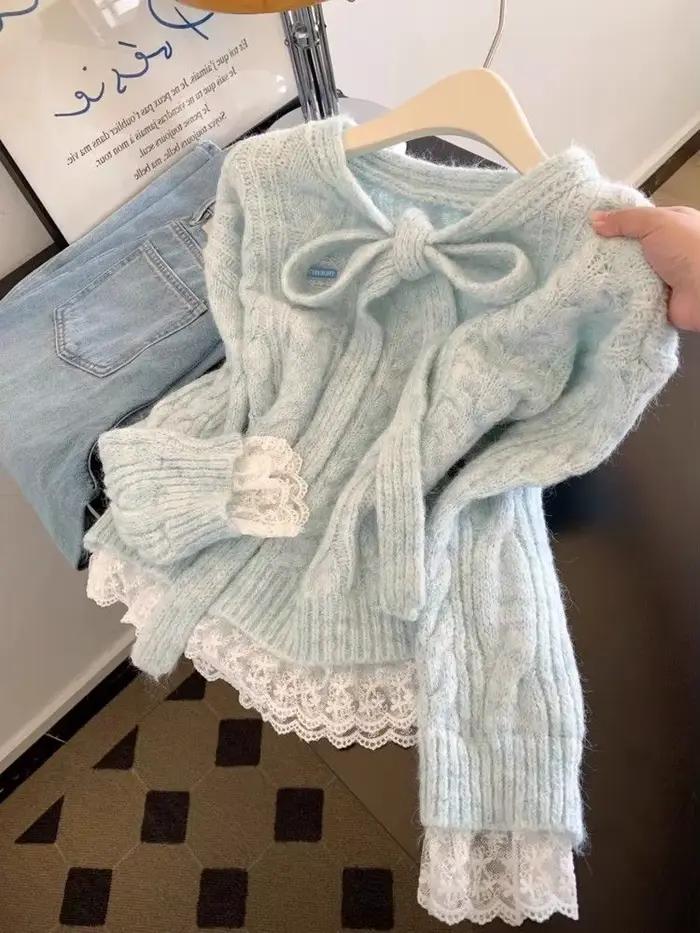 Dentelle couture à lacets nœud Pull femmes automne hiver tricoté chandails haut mode coréenne doux