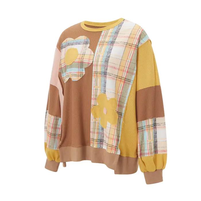 Pull à col rond avec patch floral et imprimé à carreaux pour femmes, style décontracté et élégant pour l'automne et l'hiver