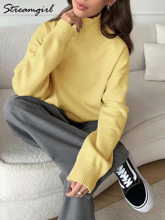 Pull à col roulé marron femmes pulls automne surdimensionné beurre jaune chandails épais col