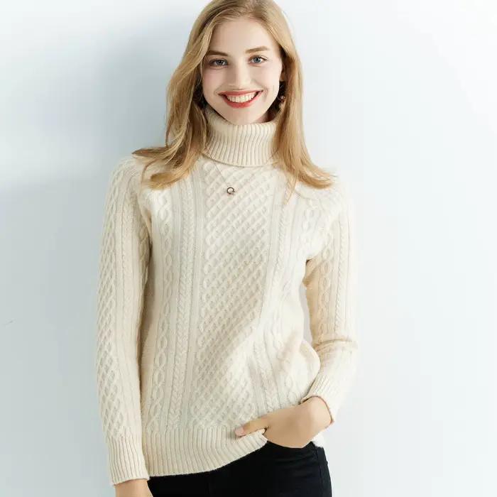 Pull en cachemire à col roulé et manches longues pour femme