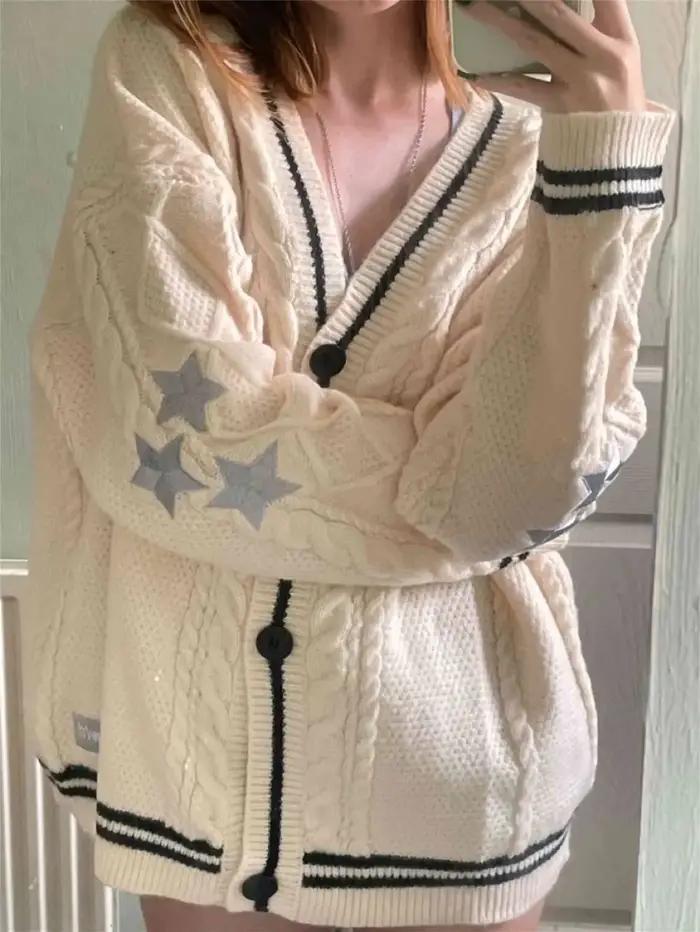 Pull ample brodé étoile pour femmes, col en V, simple boutonnage, imprimé tricoté esthétique, cardigan vintage pour les occasions spéciales