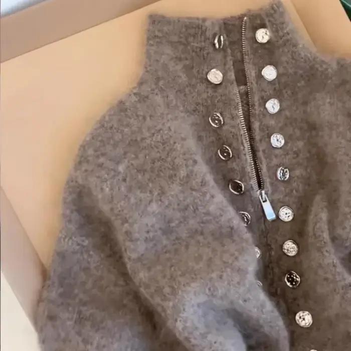 Cardigan moelleux pour femmes avec col rabattu, coupe ample, design décontracté, fermeture éclair, polyester et coton, pour automne hiver occasions multiples