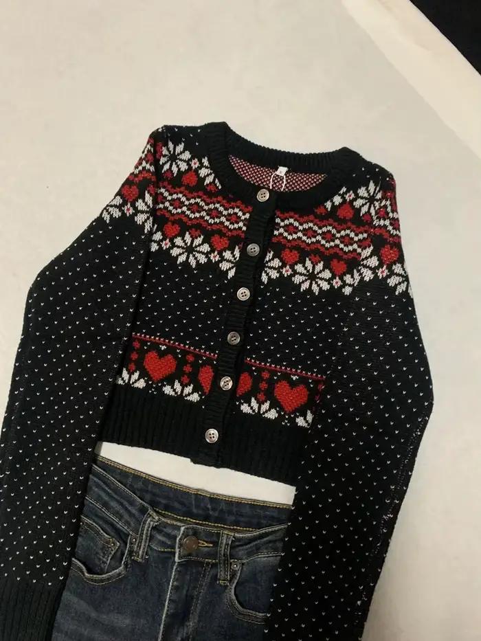 Vintage Fair Isle Jacquard tricoté Cardigan femmes automne boutons à manches longues recadrée pull manteau doux basique mince chandails hauts