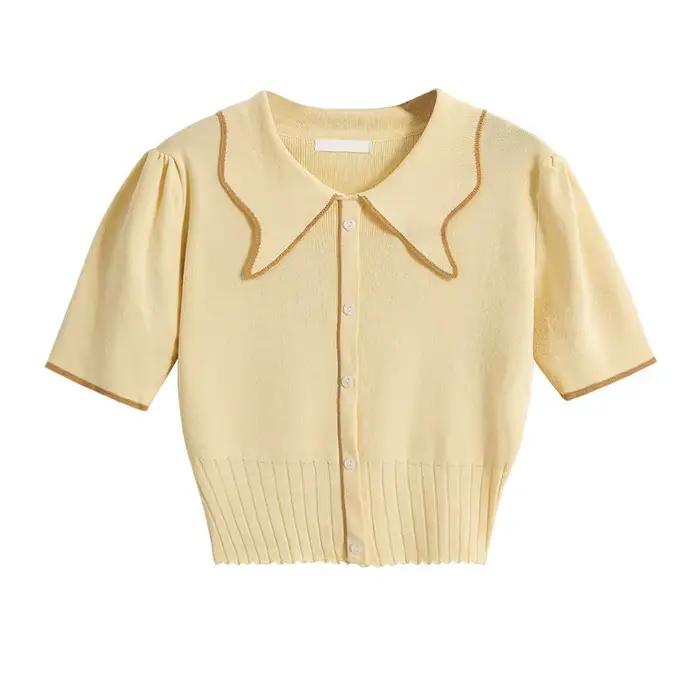 Pull en viscose mode coréenne bloc de couleurs col à revers manches princesses pour femmes printemps été