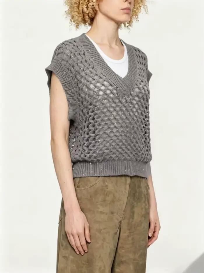 Gilet en tricot ajouré à col en V pour femme