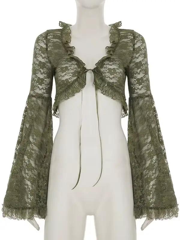 Cardigan vert en dentelle à nouer pour femme, col en V, manches évasées transparentes, style court, mode gothique Y2K, printemps automne, chemise décontractée, coupe régulière, polyester coton