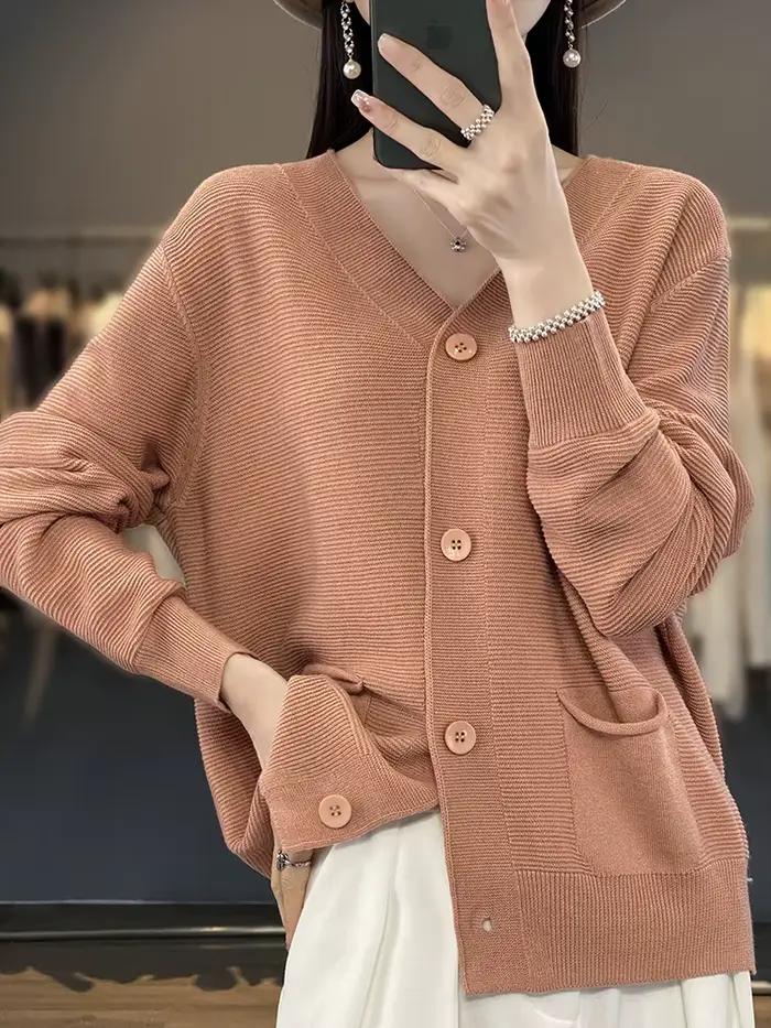 Pull cardigan en lin à manches longues et col en V pour femmes
