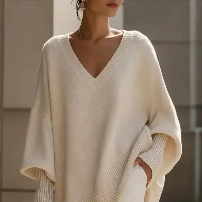Pull en maille ample à col en V et manches longues de couleur unie pour femme