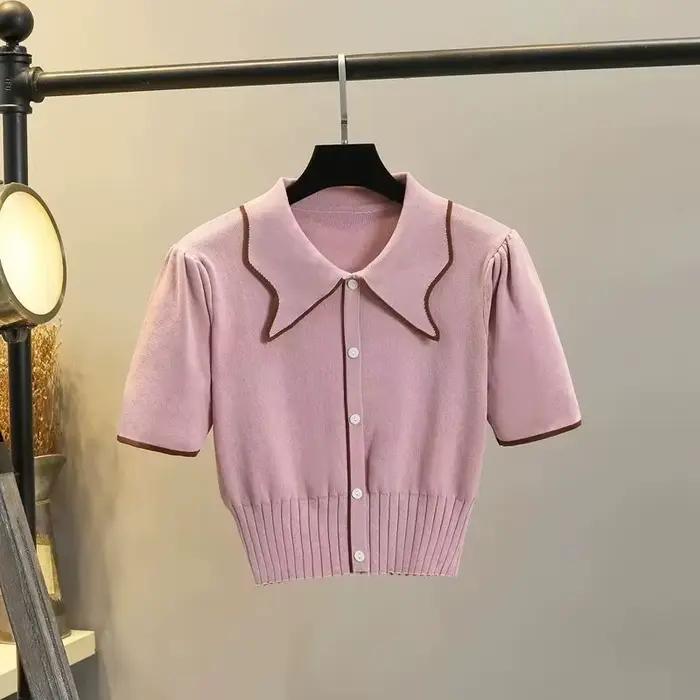 Pull en viscose mode coréenne bloc de couleurs col à revers manches princesses pour femmes printemps été