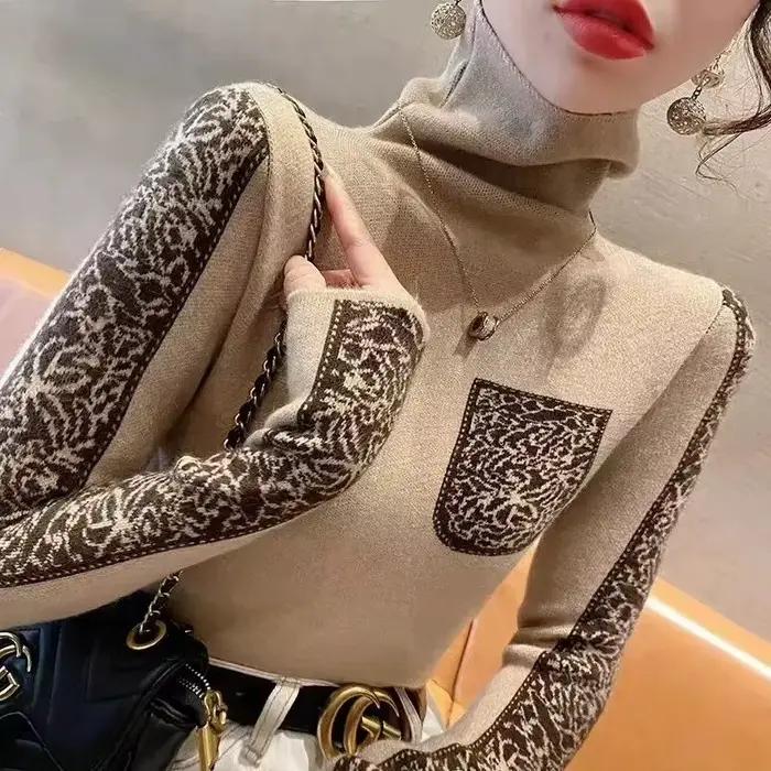Femmes col roulé couleur bloc tricoté pull nouveau mince mode tout-match Vintage laine pulls décontracté doux tricots