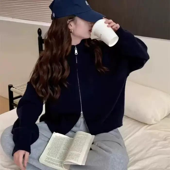 Cardigan en maille rétro à double fermeture éclair pour femme