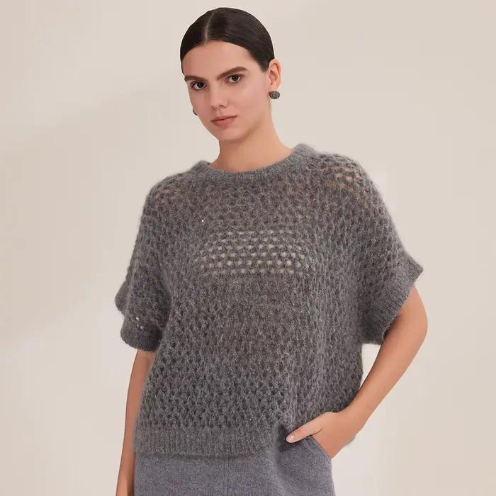 Pull en tricot mélangé de cachemire pour femme, col rond, coupe ample, style décontracté, automne hiver, manches courtes, confortable et élégant