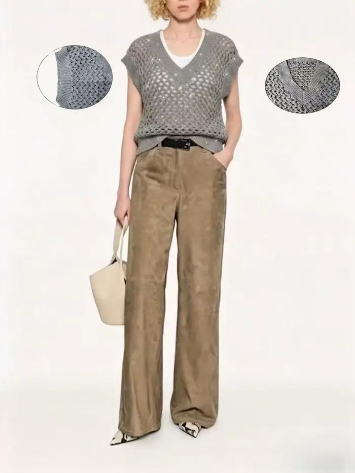 Gilet en tricot ajouré à col en V pour femme